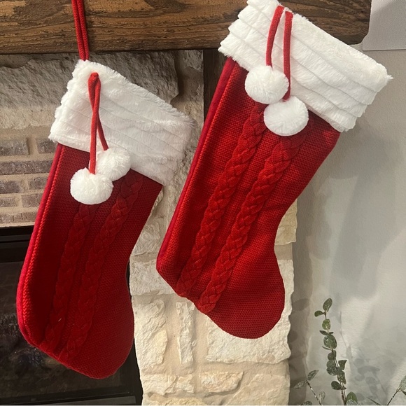Adorable Set of 2 Red and White Holiday Stockings with Faux Fur - Picture 2 of 5